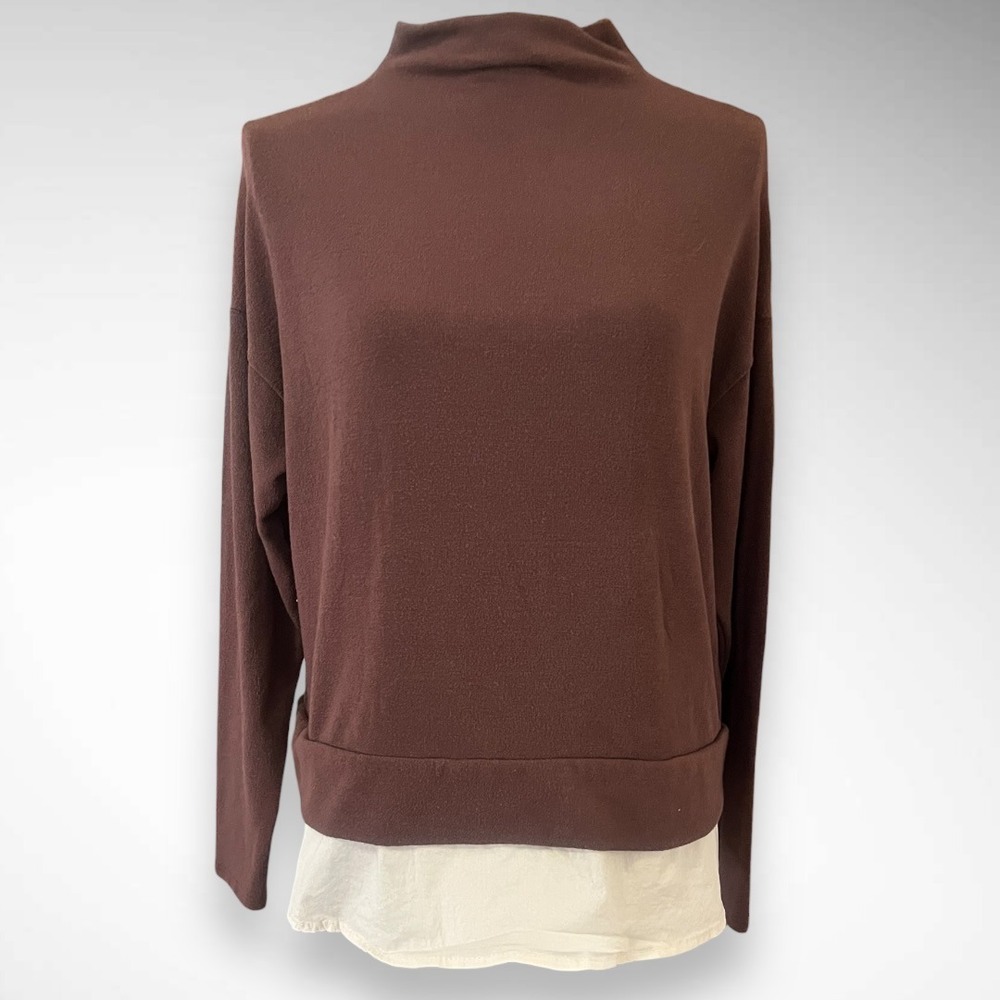 CHARLOTTE AVERY Brown and White Mock Neck Long Sleeve Twofer Top Small | EUC